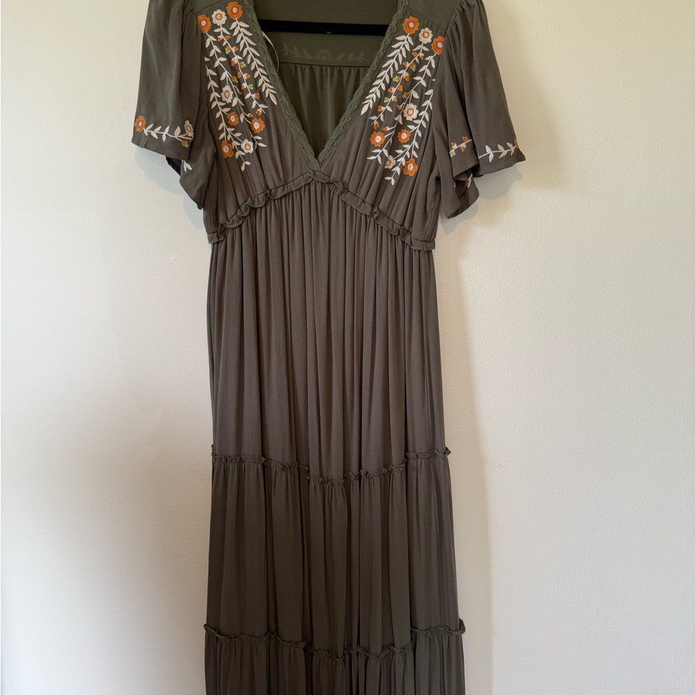 Western Embroidered Olive Green Maxi Dress